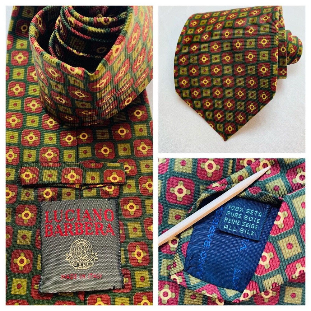 Luciano Barbera Italy Repp‎ Tie Men's Silk Necktie Designer Geometric Green Red